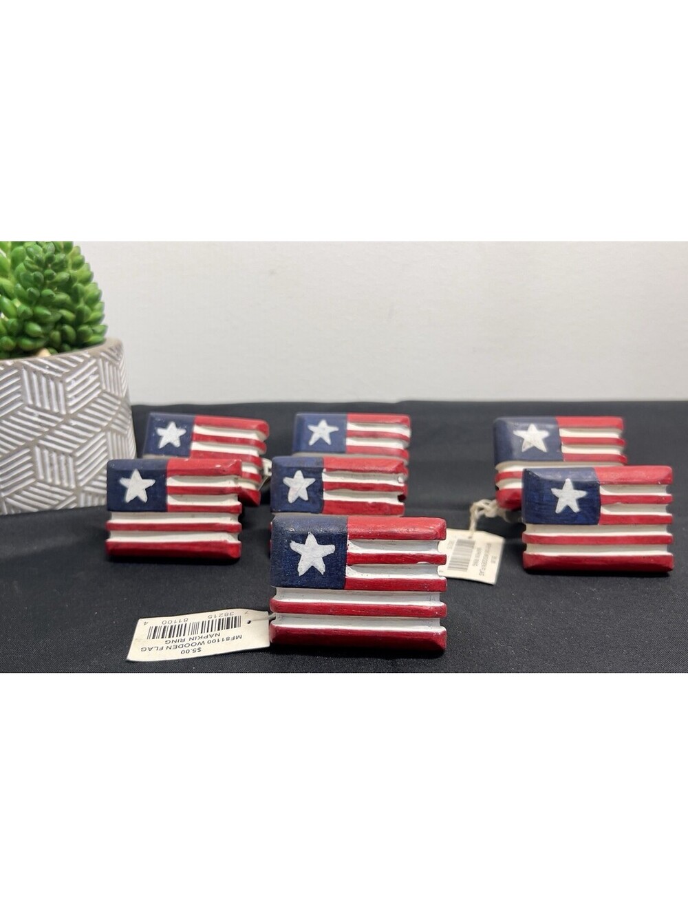 7 Vintage Patriotic  Hand Painted Wooden American Flag Napkin Rings